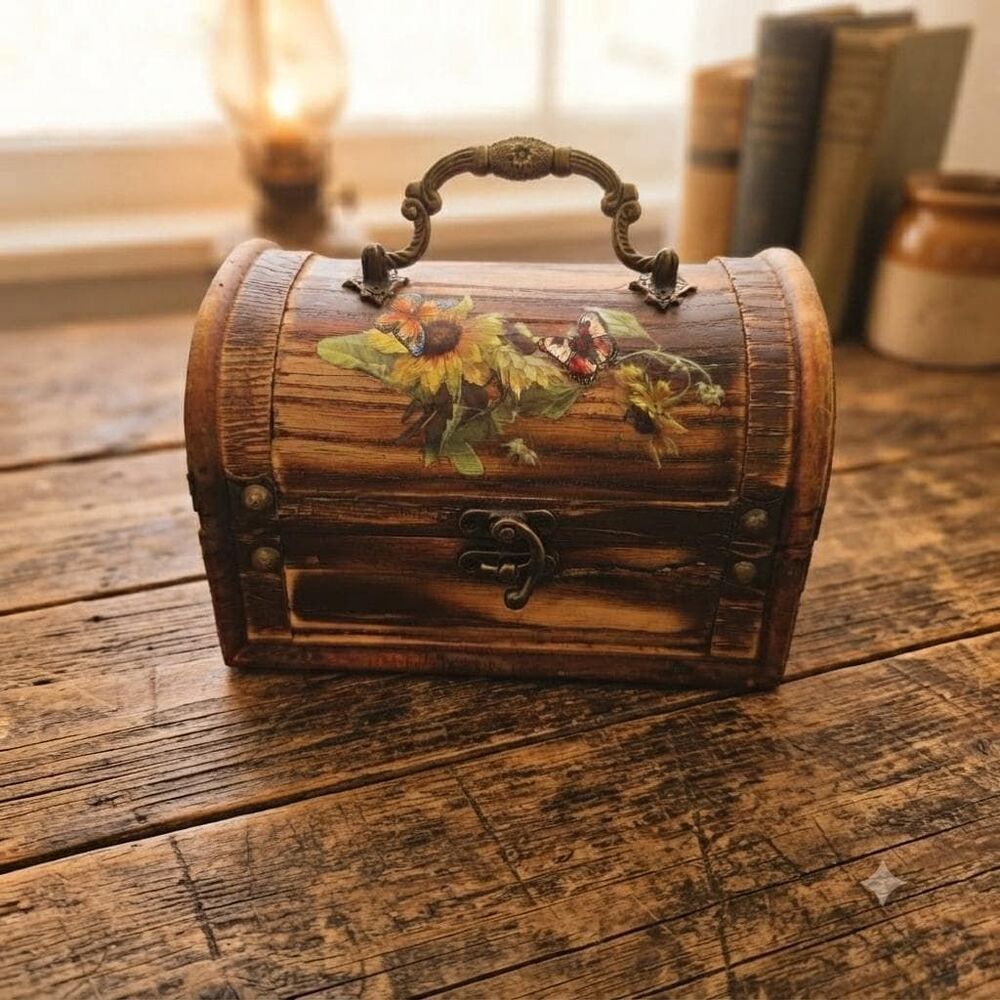 Hand-Painted Yellow Chrysanthemum Butterfly Treasure Chest (7" Wide)